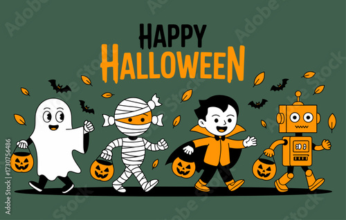 Happy Halloween Kids in Costumes Trick-or-Treating Vector Illustration