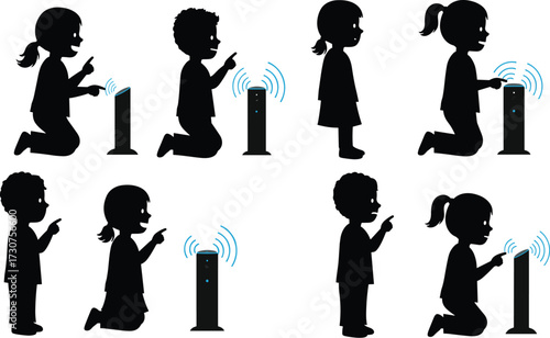 Children silhouettes interacting with modern digital device emitting wireless signal waves technology concept, kids communication learning education vector illustration design