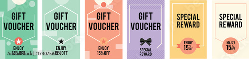 Collection of six colorful gift voucher packets in various designs and colors for special rewards and treats