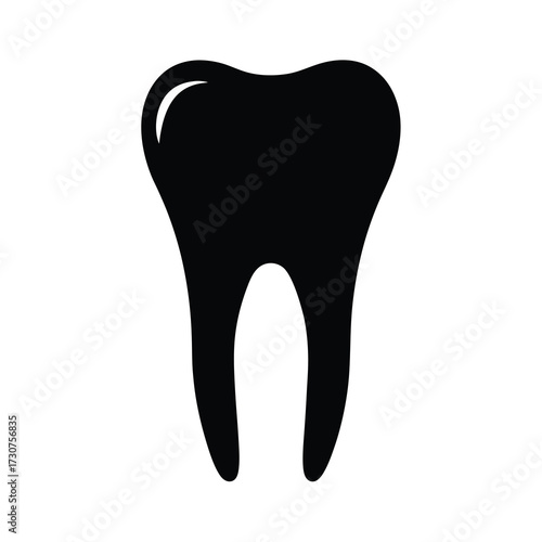 A stylized black silhouette graphic illustration of a molar tooth on white