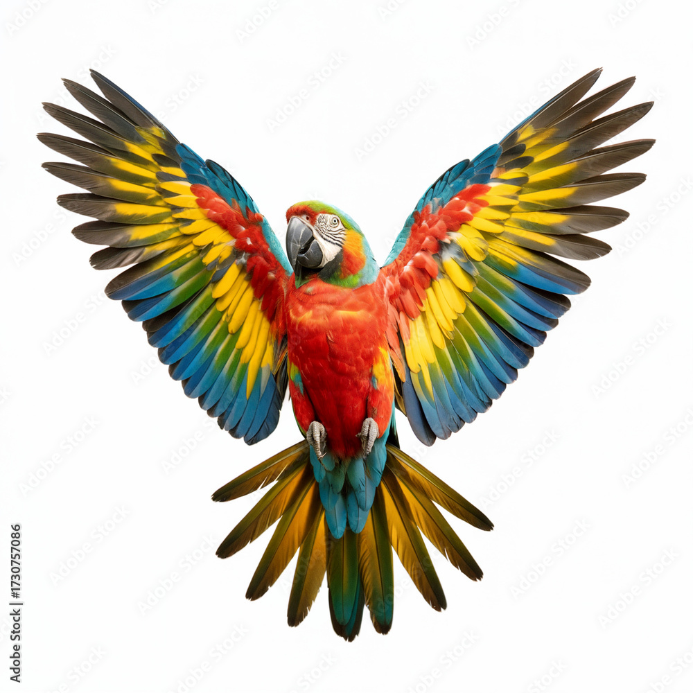Fototapeta premium Colorful Macaw Parrot Flying With Wings Spread Tropical Exotic Bird Photo