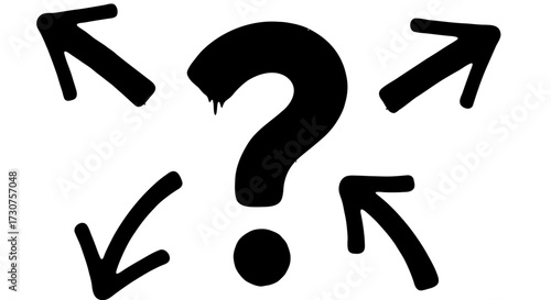 Navigating Uncertainty: A bold question mark at the heart of a design, accompanied by a set of directional arrows, symbolizes critical thinking, decision-making.