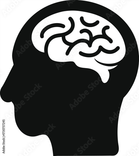 Human head with brain icon, brain symbol in flat style isolated on white background, vector illustration 