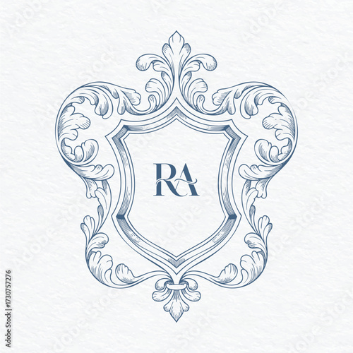 Ornate baroque wedding monogram crest with vintage scrolls. Antique decorative crest frame with engraving style flourishes.