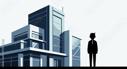 A solitary businessman stands outside a modern, sleek office building, representing corporate success and professional ambition