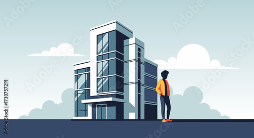 Modern office building with a person standing outside on a clear day, showcasing contemporary architecture and a professional environment