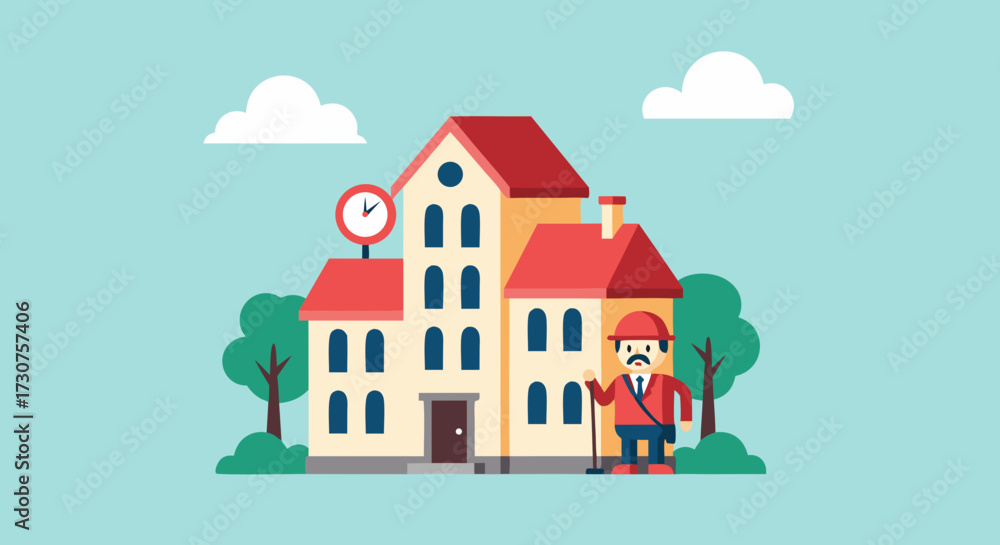 Fototapeta premium Illustrative depiction of a traditional school building with a uniformed crossing guard, symbolizing education and community safety on a clear day