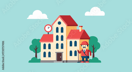 Illustrative depiction of a traditional school building with a uniformed crossing guard, symbolizing education and community safety on a clear day