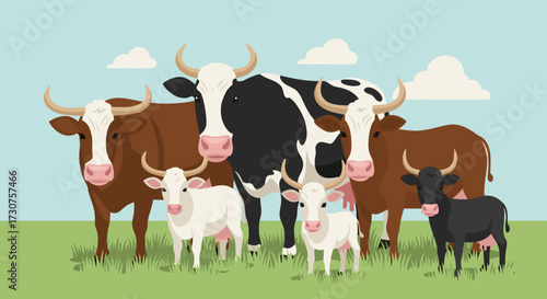 A charming illustration of a diverse herd of cattle, including brown, black, and white cows, standing together in a lush green pasture under a clear sky