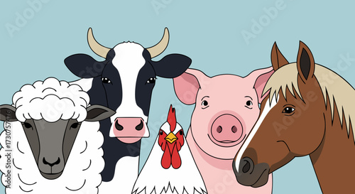 Collection of farm animals including a cow, sheep, chicken, pig, and horse, representing a variety of domestic livestock found on a farm or ranch setting