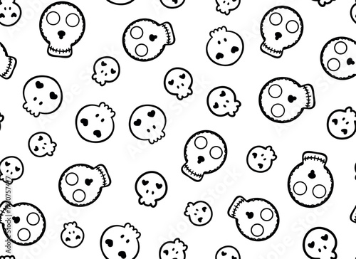 Hand drawn, monochrome skull seamless repeat pattern. Simple, vector day of the death faces aop, all over surface print on white background.