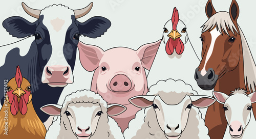 Farm animals illustration showing a diverse group of domestic livestock including a cow, pig, sheep, and chickens, set against a neutral background for creative use