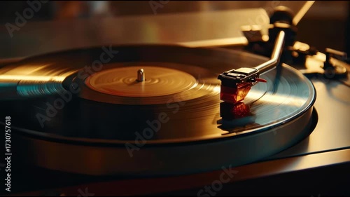 Enjoying the warm sounds of a vinyl record on a turntable during a cozy evening at home