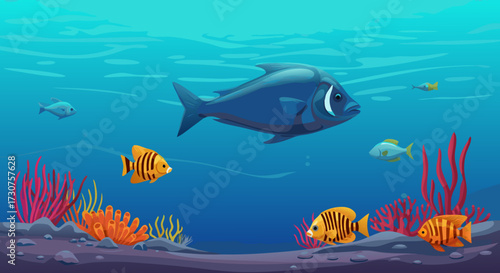 Underwater scene with a large dark fish swimming above smaller striped fish near colorful coral reefs in clear blue ocean water, illustrating marine life and aquatic ecosystems