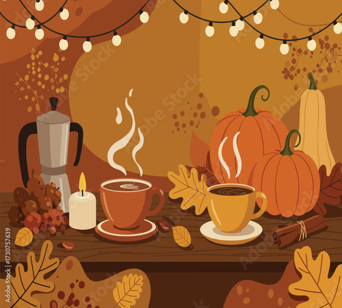Vector art of a cozy autumn coffee scene featuring steaming cups, pumpkins, and warm lighting, evoking a sense of comfort and relaxation during the fall season, perfect for coffee lovers and autumn en