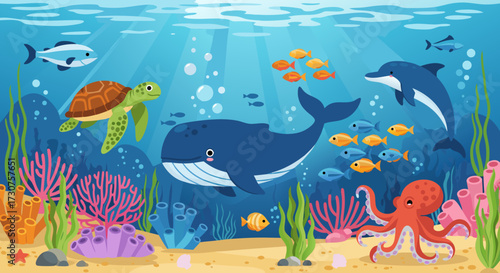 Underwater marine life illustration featuring a whale, dolphin, turtle, octopus, and various fish swimming in a vibrant coral reef ecosystem with sunbeams filtering from above