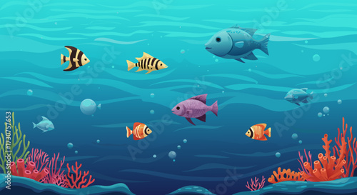 Vibrant Underwater Scene with Diverse Fish Species Swimming Among Colorful Coral Reefs and Bubbles in Clear Blue Ocean Water