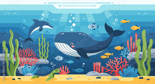 Vibrant underwater scene teeming with diverse marine life including a majestic whale, playful dolphin, sea turtle, and colorful fish amidst coral reefs and aquatic plants, illuminated by sunbeams