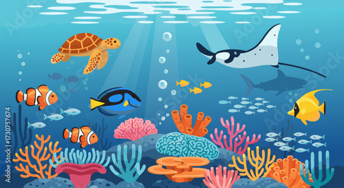Vibrant underwater coral reef teeming with diverse marine life, including sea turtles, stingrays, and colorful tropical fish, illuminated by sunbeams