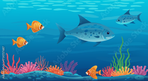 Vibrant underwater scene featuring diverse fish species swimming among colorful coral reefs and marine plants, creating a lively and diverse aquatic ecosystem