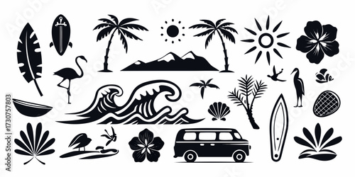 Collection of black silhouette tropical island vacation and beach elements including palm trees waves and surfboards