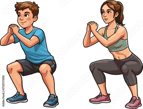 Cartoon squat exercise, male and female, fitness posture, healthy lifestyle, workout outfit, strength training pose, white background, stock illustration