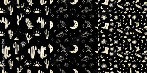 Whimsical hand drawn desert night pattern with cacti suns moons boots and cowboy hats