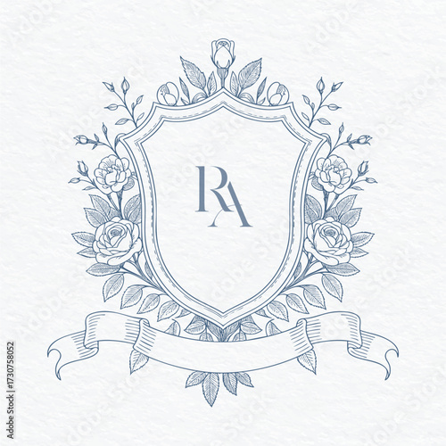 Vintage floral shield wedding crest with ornate banner. Elegant botanical monogram emblem decorated with roses.