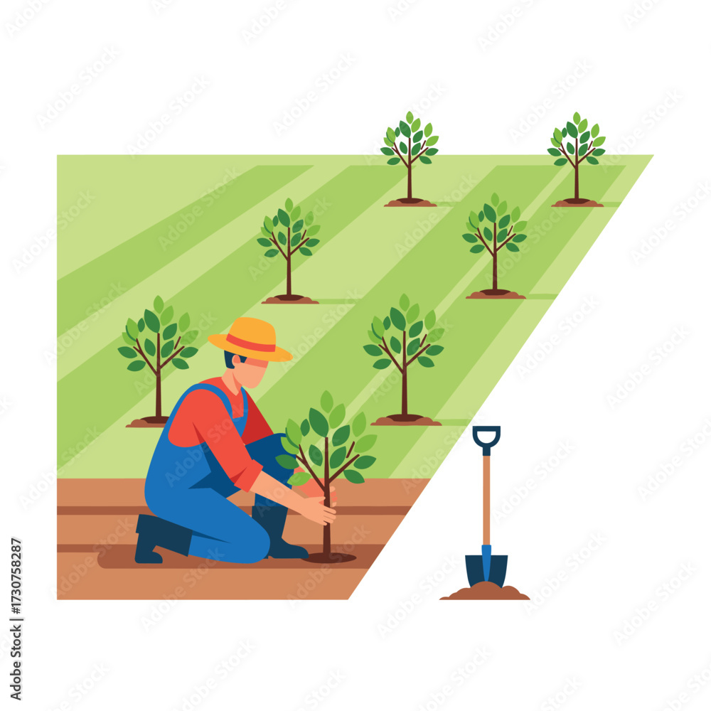 Fototapeta premium Farmer planting a young tree in a field, agricultural concept