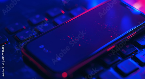 Smartphone with dark screen rests on keyboard, illuminated by vibrant blue and red lights, creating modern and tech inspired atmosphere