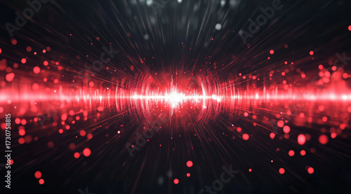 Vibrant red particles create dynamic visual effect, resembling sound waves or energy pulses dark background, evoking sense of movement and rhythm