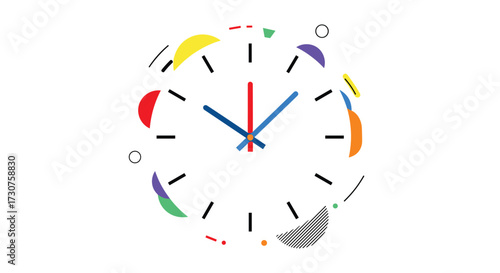 Abstract clock face with colorful floating shapes and lines.