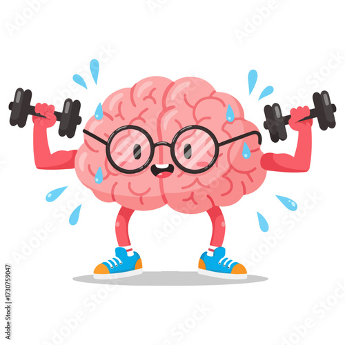 Cartoon Brain Lifting Weights: Mental Strength, Cognitive Fitness, and Brain Health Concept