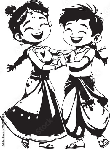 Happy Indian Kids Dancing Cartoon Vector: Boy and Girl in Traditional Clothes Illustration


