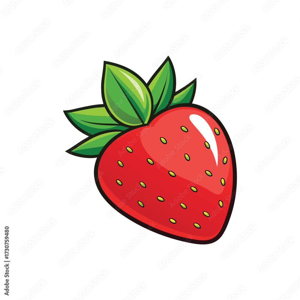 Obraz premium A vibrant red cartoon strawberry illustration with bright green leaves and a glossy shine isolated on a clean white background