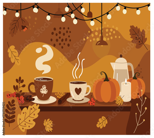 Vector art of a cozy autumn coffee scene featuring steaming cups, pumpkins, and warm lighting, evoking a sense of comfort and relaxation during the fall season, perfect for coffee lovers and autumn en