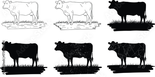 Cow silhouettes artistic vector illustration set with line art, polygon, starry pattern, grazing cattle design for farm livestock agriculture