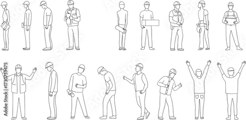 Construction worker vector illustration, builder sketch outline, engineering team design, labor workforce drawing, safety helmet people, architecture staff figure, industry art