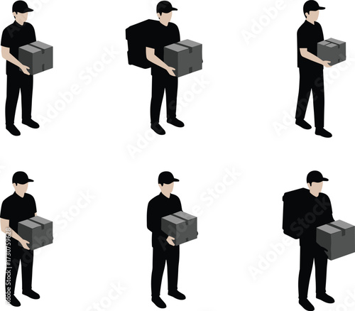 Delivery person, package handling, black uniform, cardboard box, courier poses, logistics worker, shipping service, ergonomic posture, parcel movement, transport task