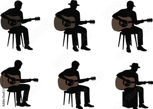 Guitarist silhouettes, acoustic music, seated players, artistic posture, shadow figures, hat styles, musical creativity, strumming pose, performance art, instrument focus