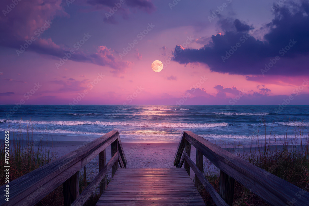 Obraz premium Wooden boardwalk leading to a serene sandy beach with gentle waves under a vibrant purple and pink twilight sky illuminated by a glowing full moon over the ocean
