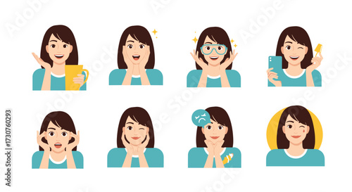 A collection of illustrated female facial expressions showing joy and surprise.