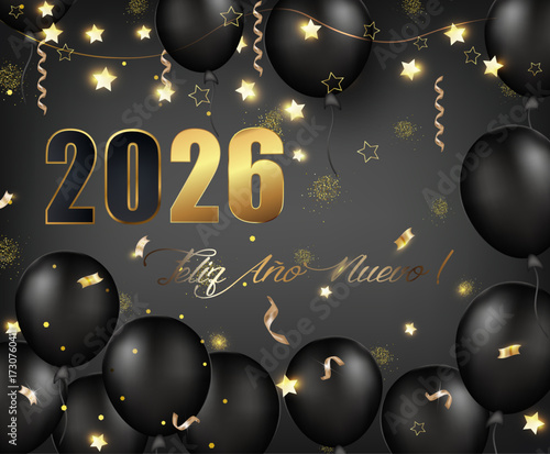 Tarjeta o pancarta para desear un feliz año nuevo 2026 en dorado y negro con globos negros sobre un fondo gris degradado con estrellas y serpentinas de color dorado.