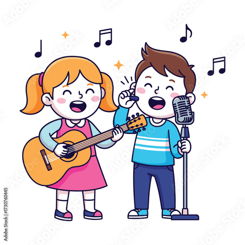 Children singing and playing guitar with musical notes and stars, fun performance concept