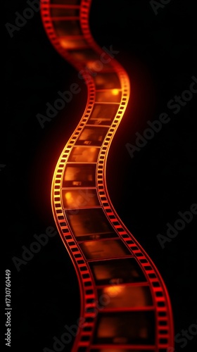 Wavy Film Strip with Orange Border on Black Background Creating a Dramatic Artistic Effect for Cinematic Themes