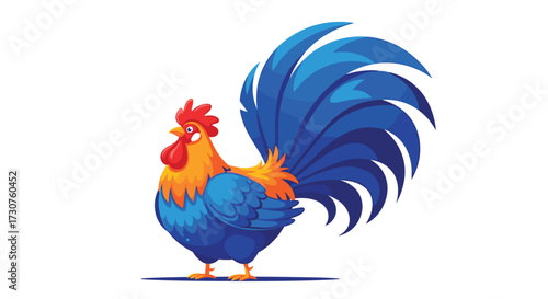 A colorful rooster with a large blue tail struts proudly on a white background.