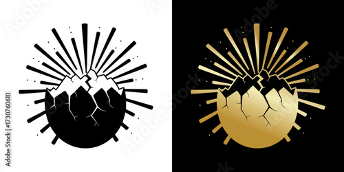Cracked egg with rays in gold and black designs for Easter, isolated vector image, two design options on transparent and black backgrounds, card design, T-shirt print
  