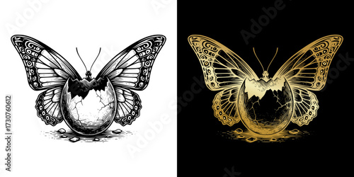 Butterfly emerging from an egg in black and gold illustration concept of Easter, metamorphosis, isolated vector image on a transparent background, card design, T-shirt print  