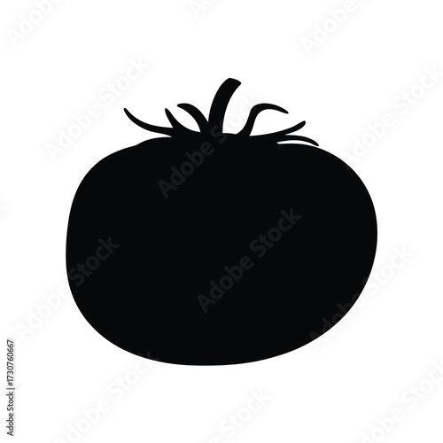 Silhouette of a round tomato with stem on a white background