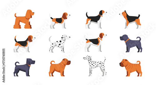 A collection of various cartoon dog breeds in pixel art style.